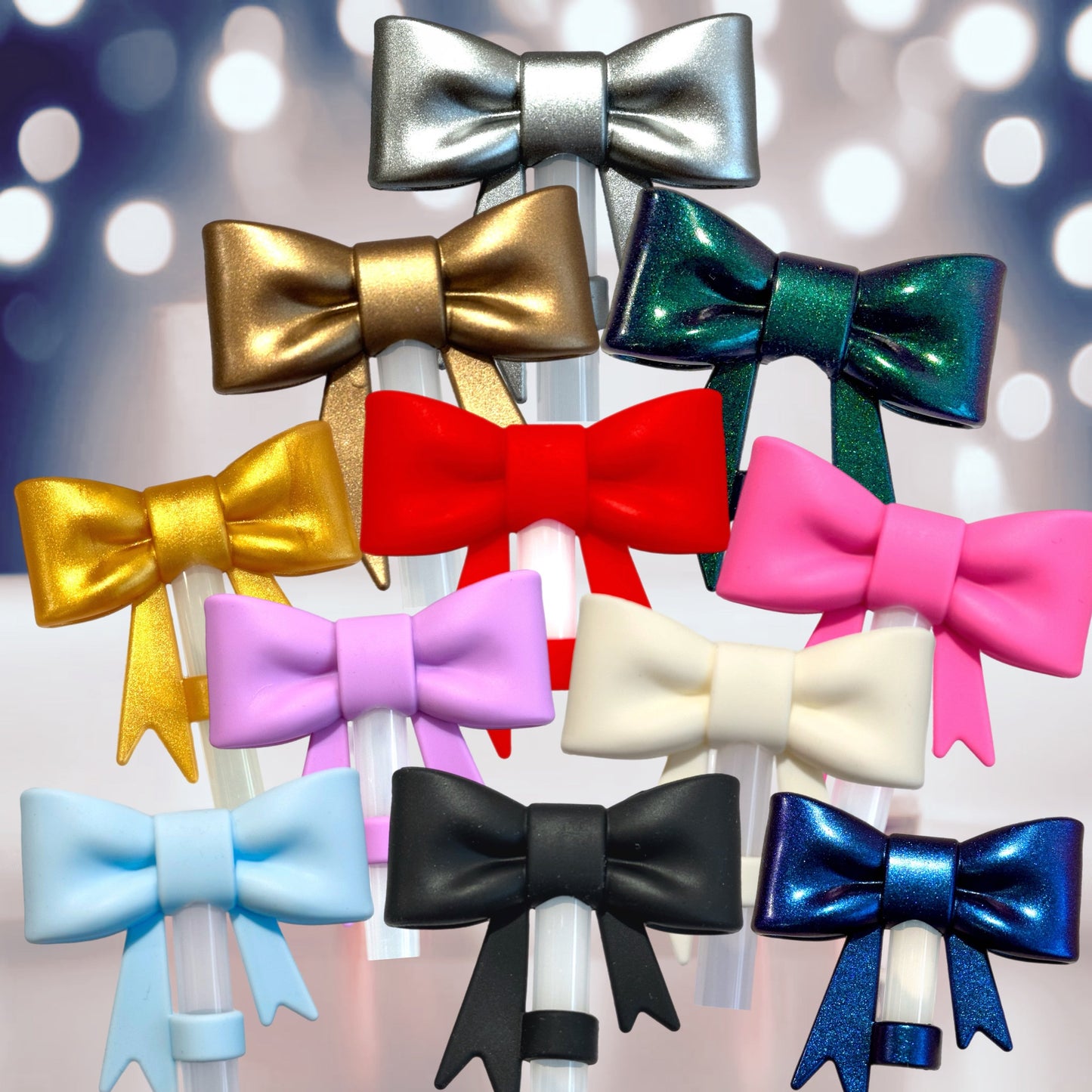 Silver Metallic 3D Bow Straw Topper