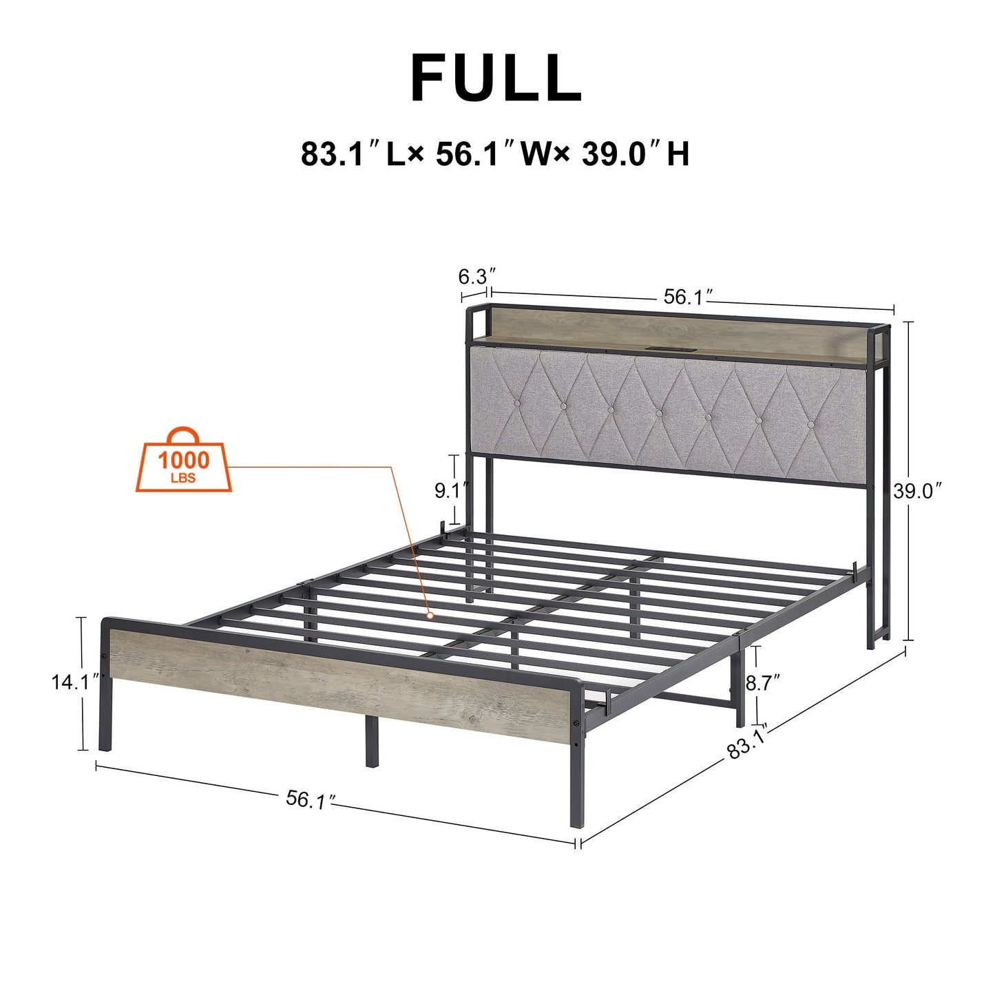 Grey Full Size Bed Frame With USB Charging Station