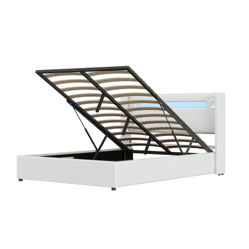 Leather-upholstered double bed.