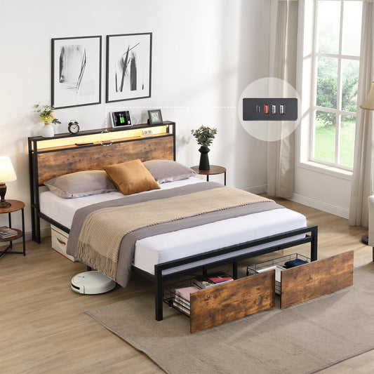 Full Size Bed Frame With Storage Headboard Drawers LED