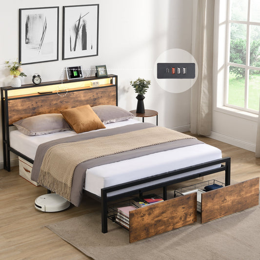 Queen Size Bed Frame With Storage Headboard Drawers And LED