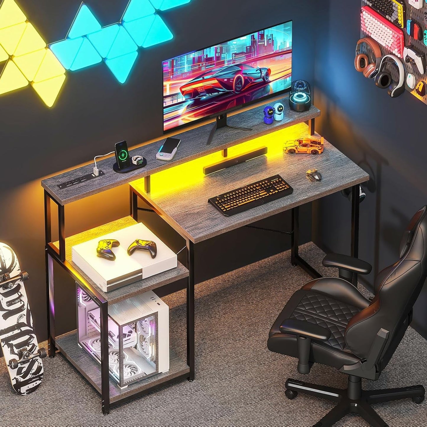 Computer Desk,48 Inch Gaming Desk with Led Lights & Power Outlet