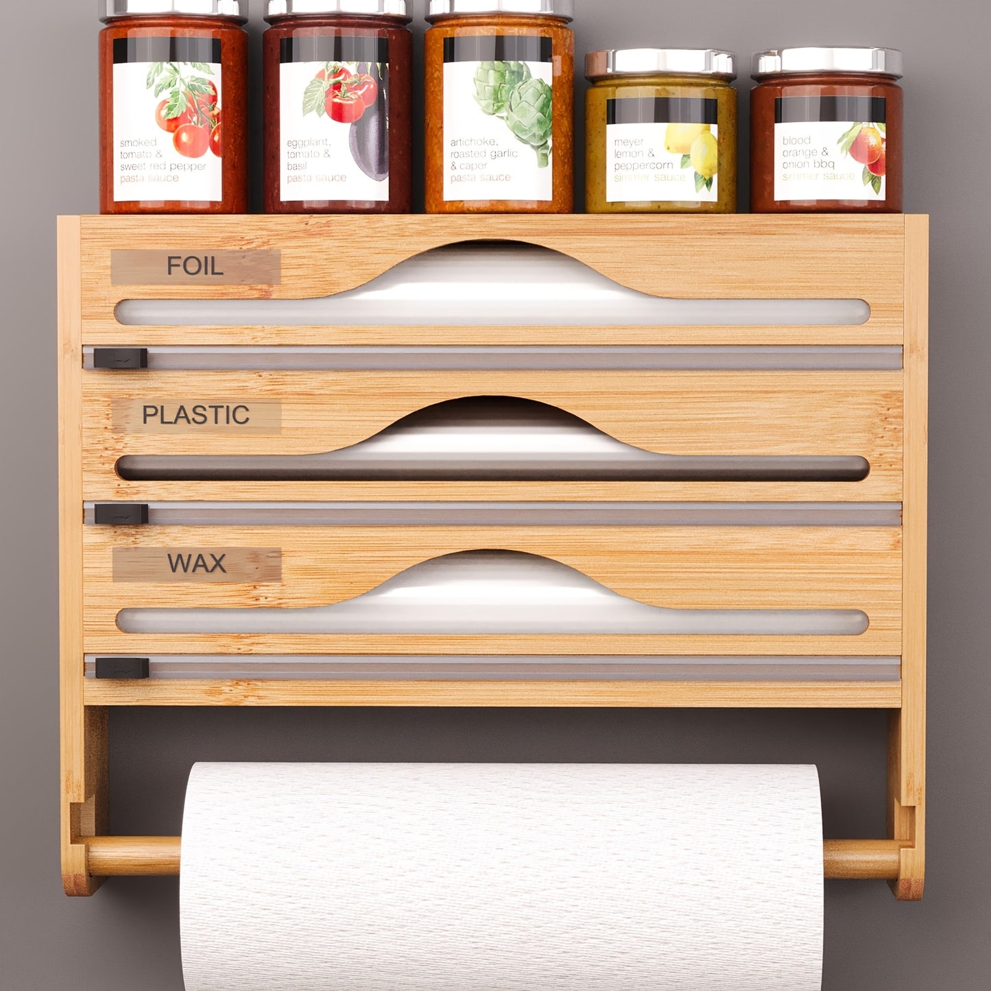 A Bamboo Cling Film Cutter With A Tissue Holder