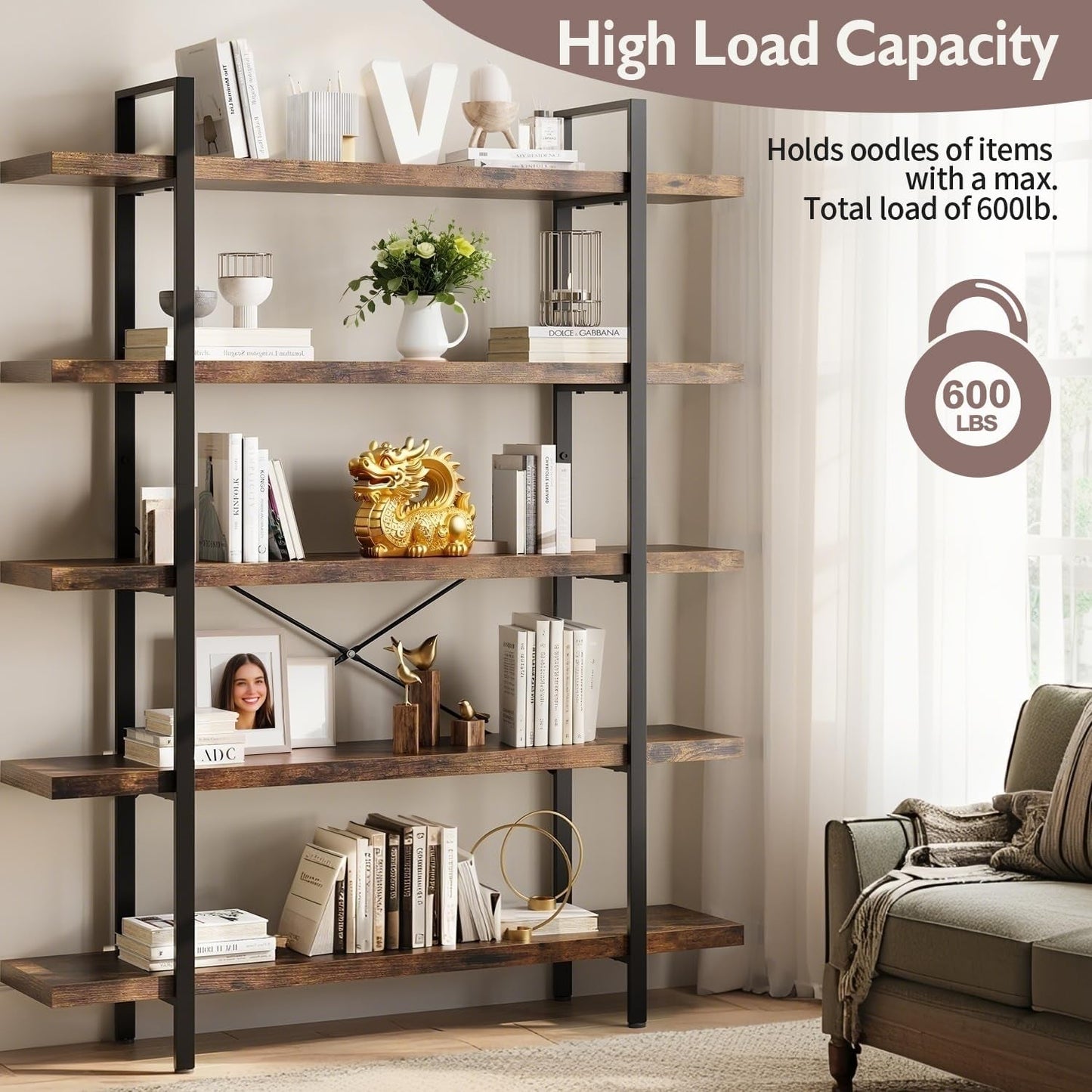 Brown 47 Inch Wide Industrial Bookcase Five Tier Heavy Duty