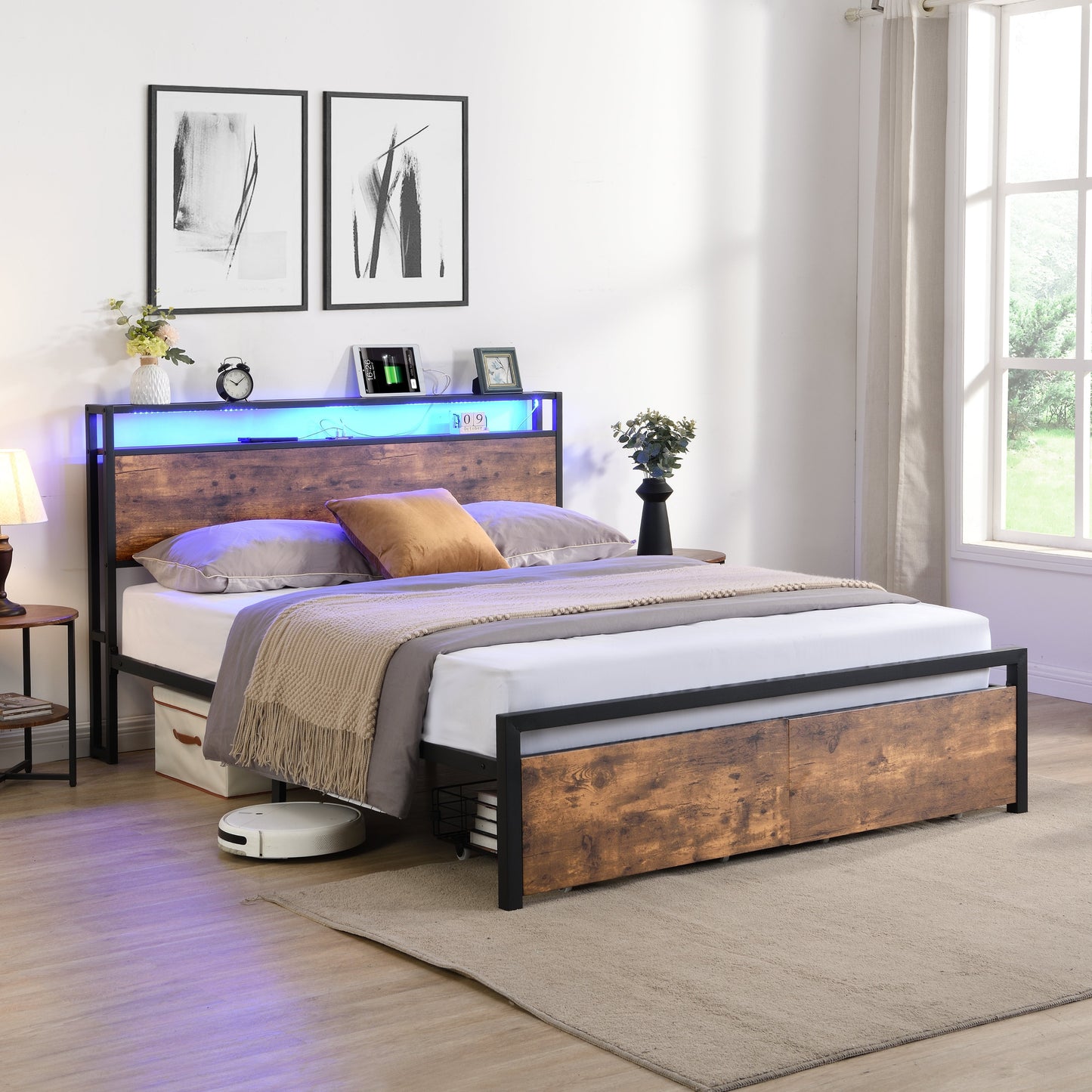 Full Size Bed Frame With Storage Headboard Drawers LED