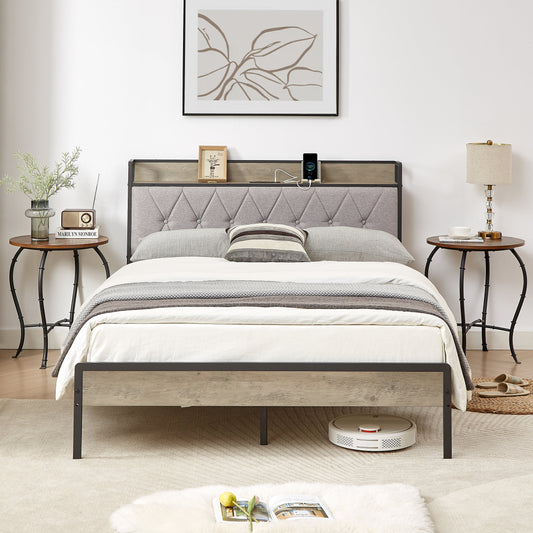 Grey Full Size Bed Frame With USB Charging Station