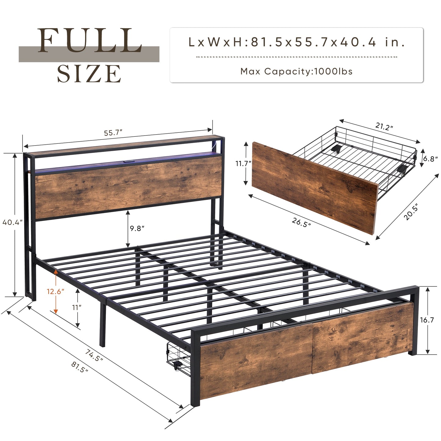Full Size Bed Frame With Storage Headboard Drawers LED
