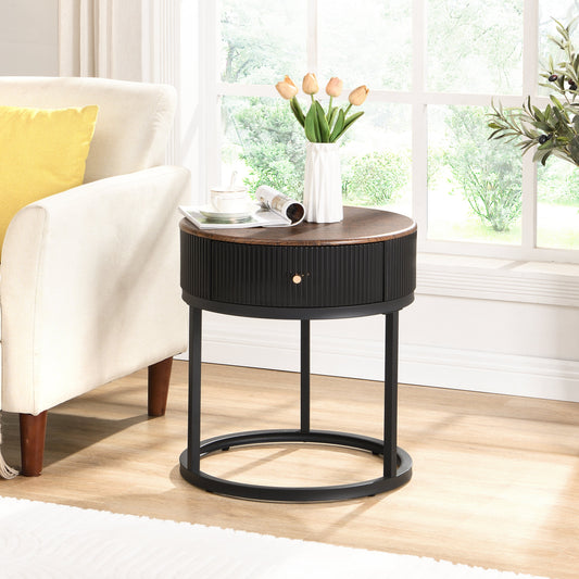 Round Nightstand with Drawer End Table Storage