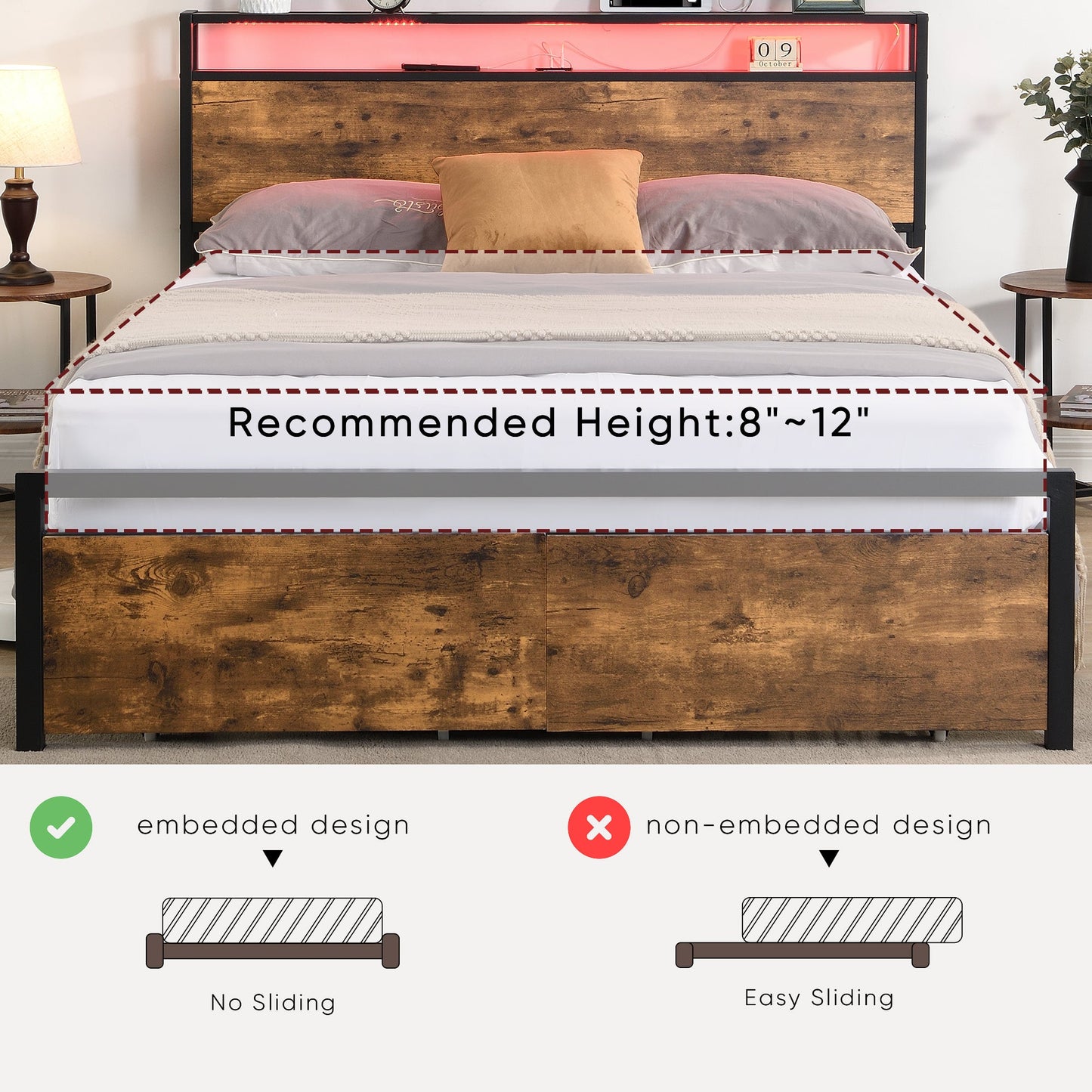 Full Size Bed Frame With Storage Headboard Drawers LED