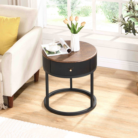 Round Nightstand with Drawer End Table Storage