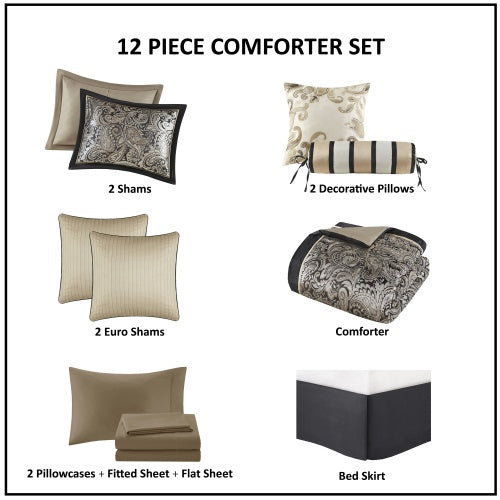 12 Piece Comforter Set With Cotton Bed Sheets Black Queen - Patrian Supply Co.
