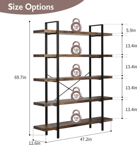 Brown 47 Inch Wide Industrial Bookcase Five Tier Heavy Duty
