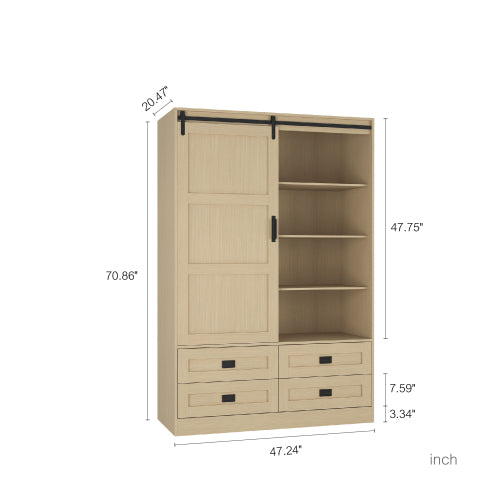 Tall Bedroom Armoire Wardrobe Closet Clothing Storage Cabinet With Hanging Rod Barn Door Drawers Open Shelves