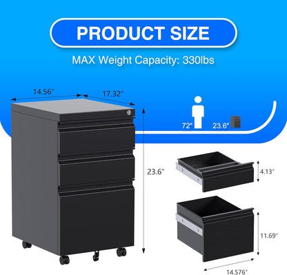 3 Drawer Mobile File Cabinet, Fully Assembled Office File Cabinets,Letter Legal A4 Size Drawer,Black