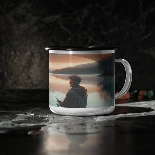 Rustic Enamel Camp Cup with Fisherman Design