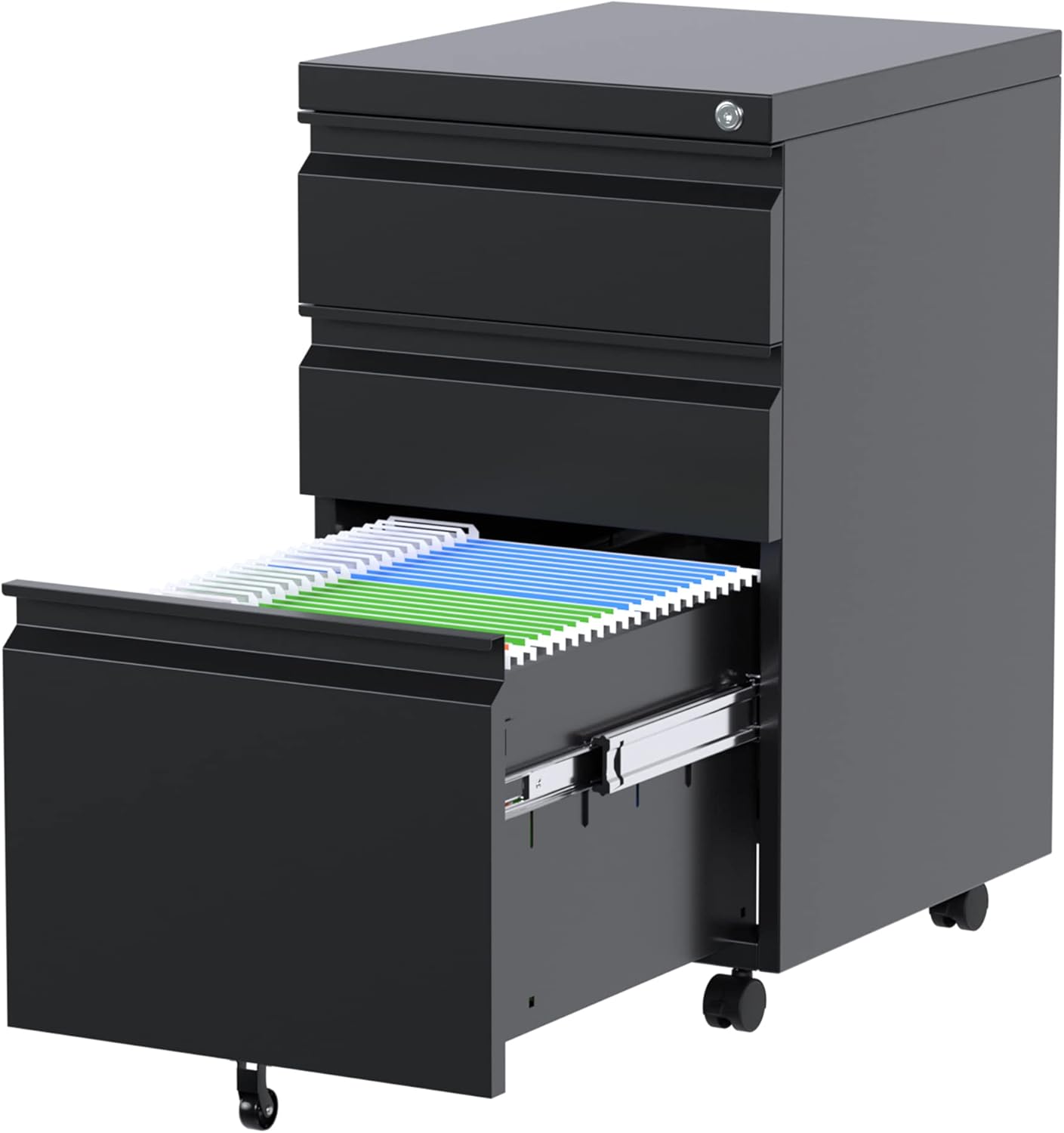 3 Drawer Mobile File Cabinet, Fully Assembled Office File Cabinets,Letter Legal A4 Size Drawer,Black