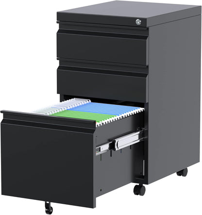 3 Drawer Mobile File Cabinet, Fully Assembled Office File Cabinets,Letter Legal A4 Size Drawer,Black
