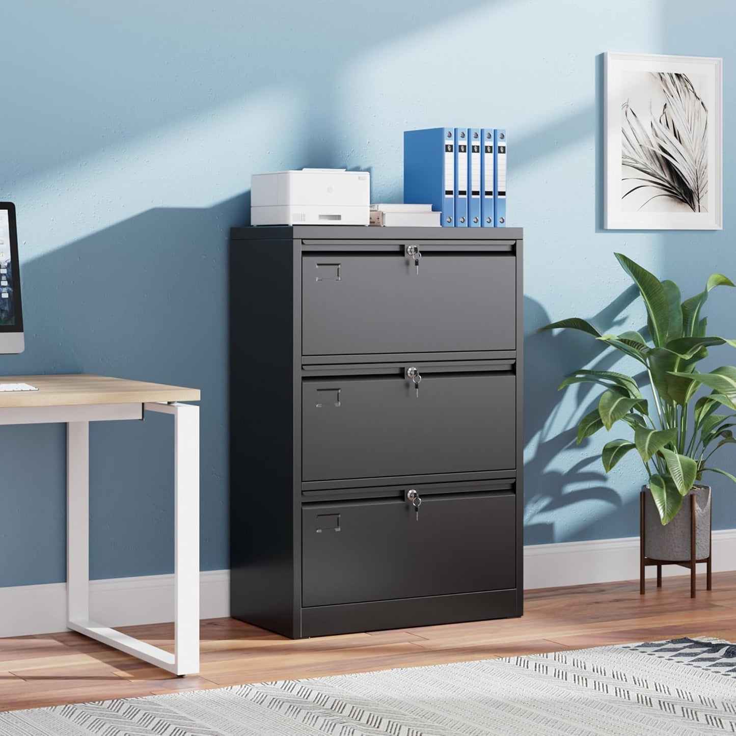 3 Drawer Lateral File Cabinet, Metal Wide Filing Cabinet With Independent Locks, Home Office Furniture For Hanging Files Letter Legal F4 A4 Size, Assembly Required, Black