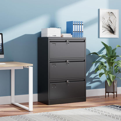 3 Drawer Lateral File Cabinet, Metal Wide Filing Cabinet With Independent Locks, Home Office Furniture For Hanging Files Letter Legal F4 A4 Size, Assembly Required, Black