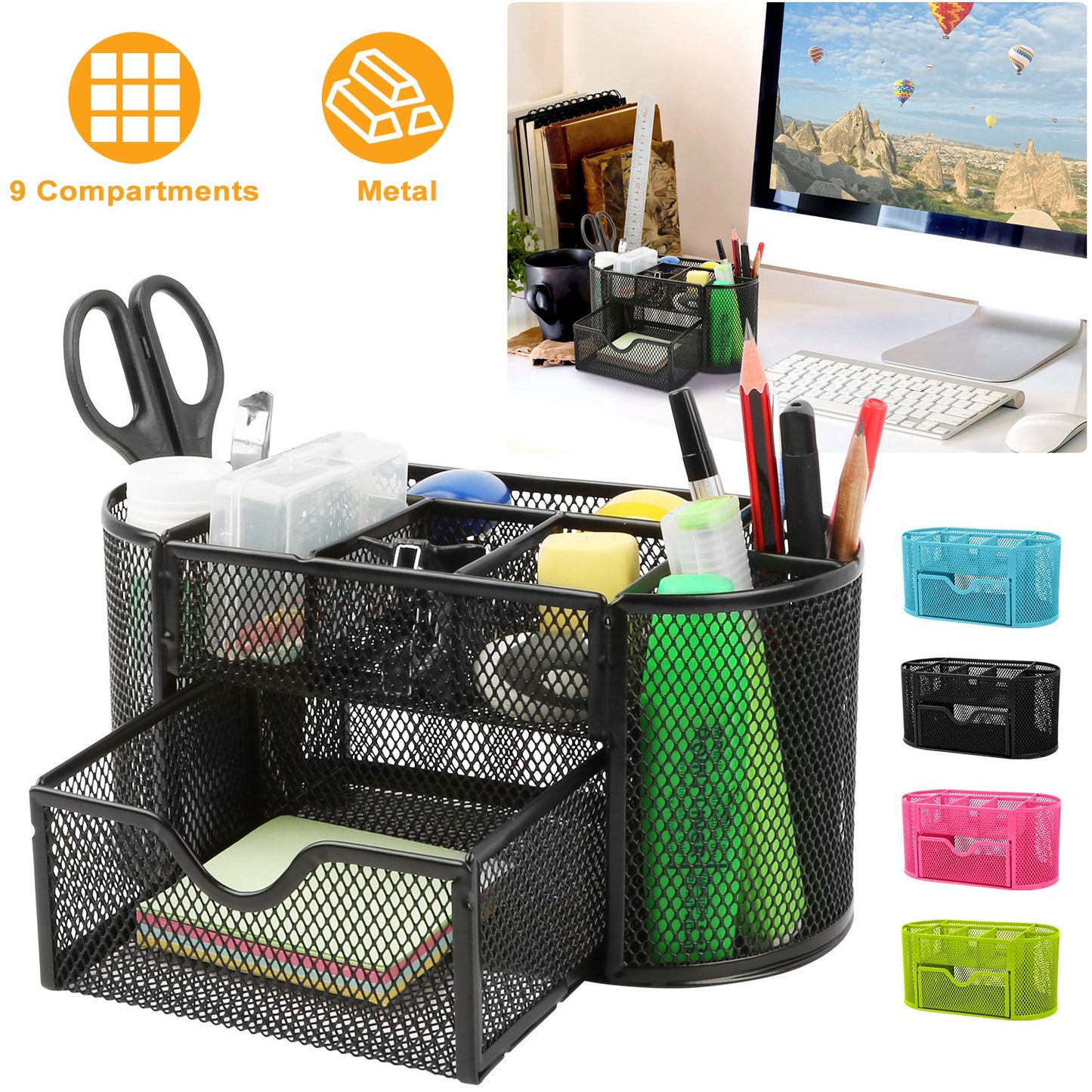 1Pc Metal Mesh Pencil Holders Desk Organizer With 9 Compartment Pen Holder Storage