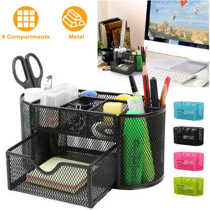 1Pc Metal Mesh Pencil Holders Desk Organizer With 9 Compartment Pen Holder Storage