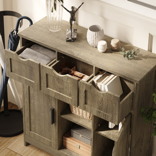 Wooden floor storage cabinet featuring drawers and shelves.