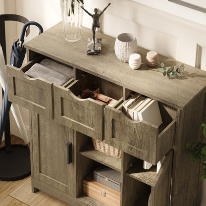 Wooden floor storage cabinet featuring drawers and shelves.