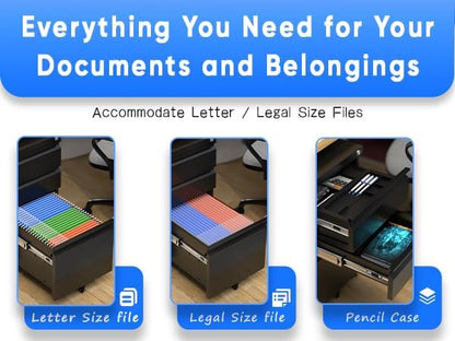 3 Drawer Mobile File Cabinet, Fully Assembled Office File Cabinets,Letter Legal A4 Size Drawer,Black