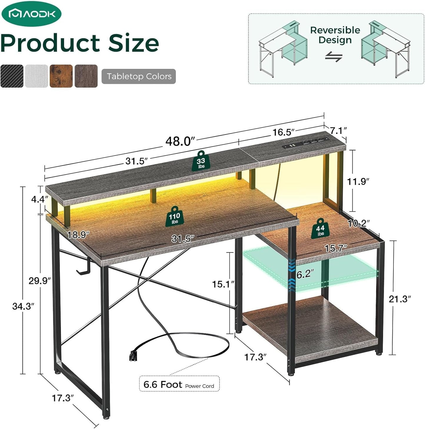 Computer Desk,48 Inch Gaming Desk with Led Lights & Power Outlet