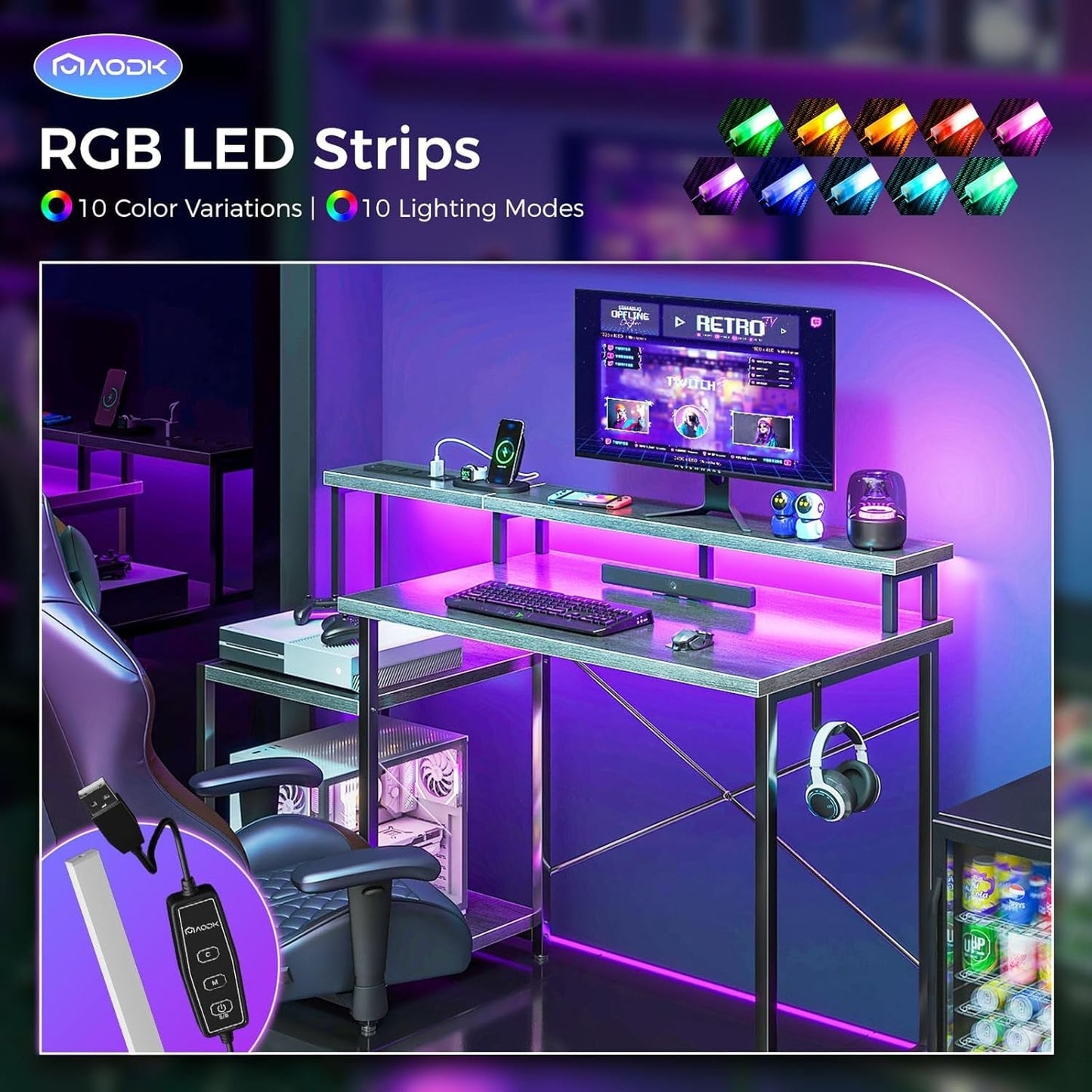 Computer Desk,48 Inch Gaming Desk with Led Lights & Power Outlet