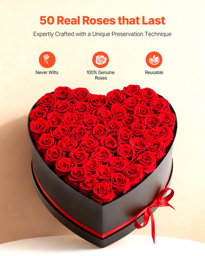 Forever Flowers, 50 Preserved Roses in A Heart Shape Box