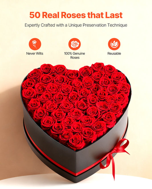 Forever Flowers, 50 Preserved Roses in A Heart Shape Box