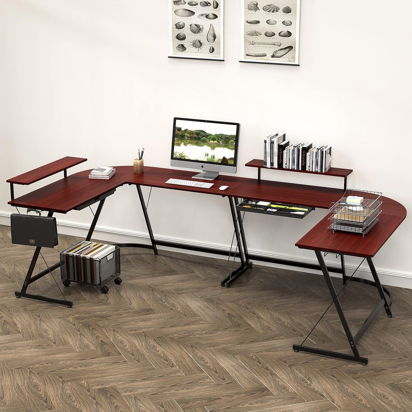 Vista L-Shape Desk with Monitor Stand, Cherry