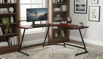 Vista L-Shape Desk with Monitor Stand, Cherry