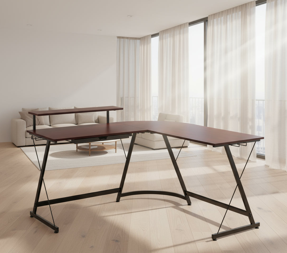 Vista L-Shape Desk with Monitor Stand, Cherry