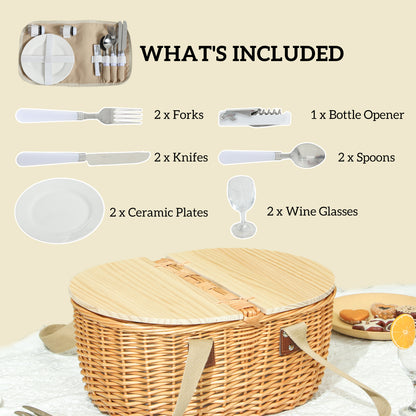 Wicker Picnic Basket For 2 With Pine Wood Lid