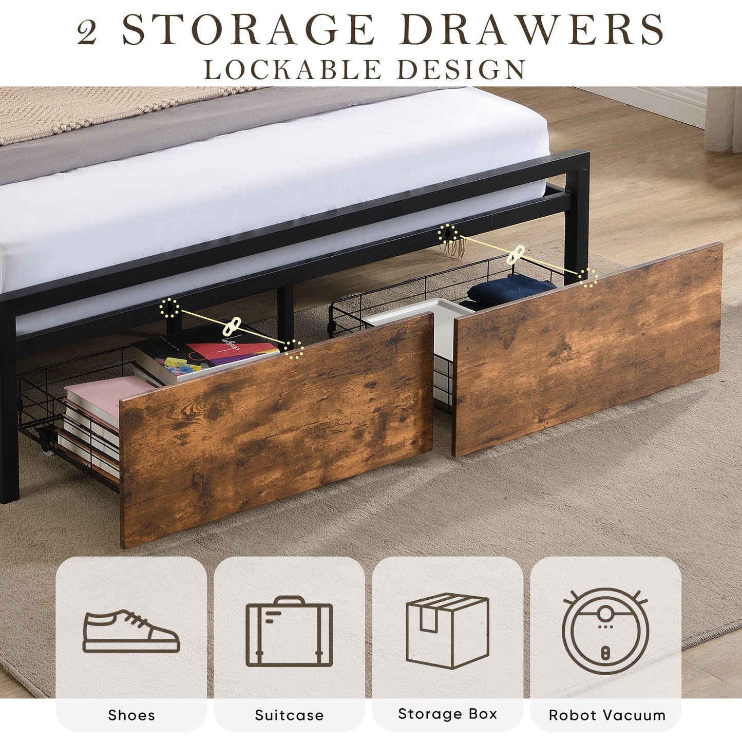 Full Size Bed Frame With Storage Headboard Drawers LED