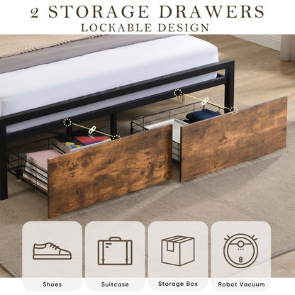 Full Size Bed Frame With Storage Headboard Drawers LED