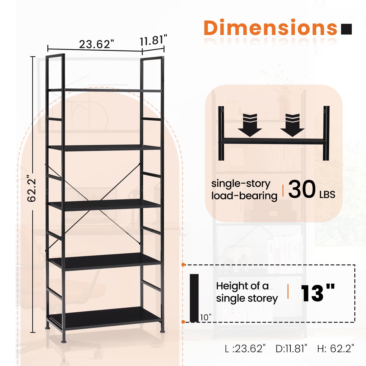 Five-tier bookshelf