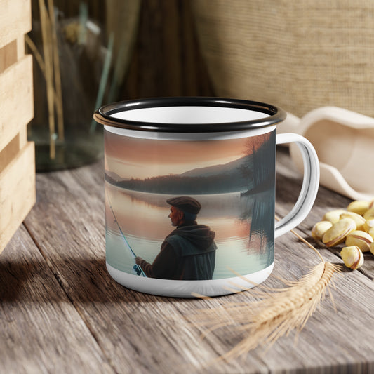 Rustic Enamel Camp Cup with Fisherman Design