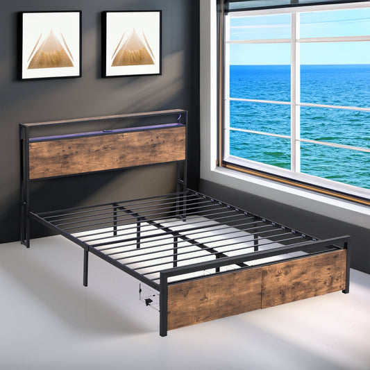 Full Size Bed Frame With Storage Headboard Drawers LED