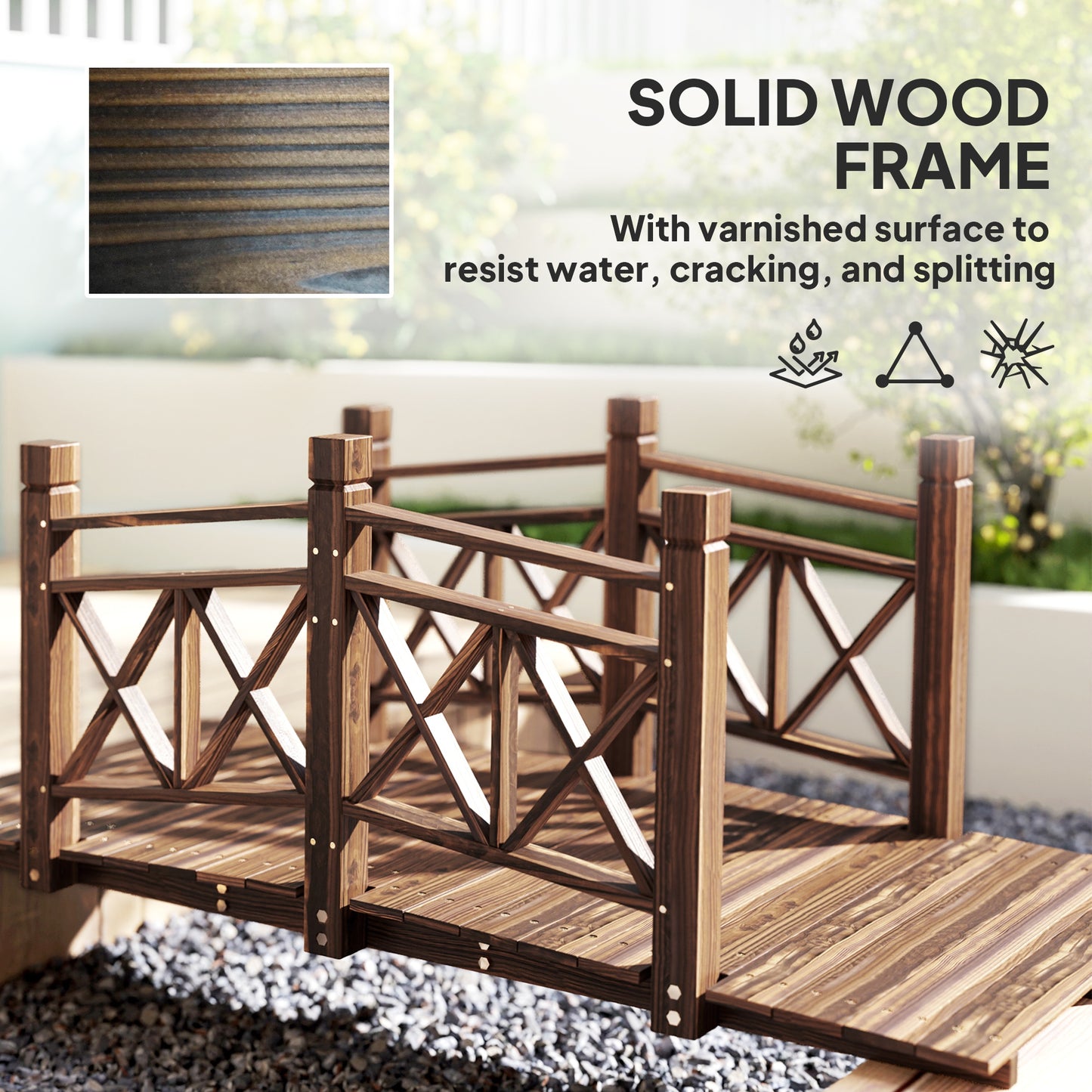 5 Ft. Wooden Garden Bridge Footbridge For Ponds, Creeks, Streams, Carbonized