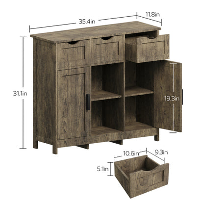 Wooden floor storage cabinet featuring drawers and shelves.