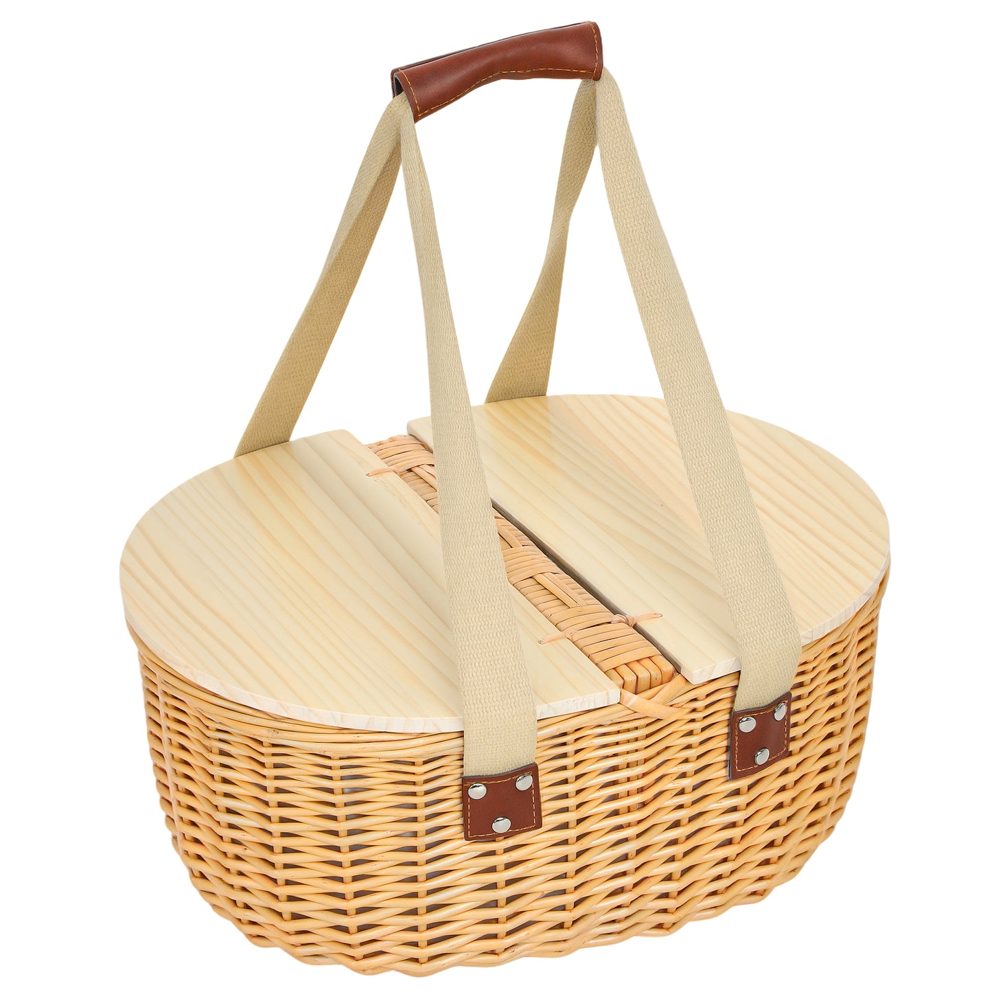 Wicker Picnic Basket For 2 With Pine Wood Lid