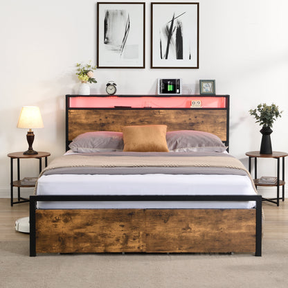 Full Size Bed Frame With Storage Headboard Drawers LED