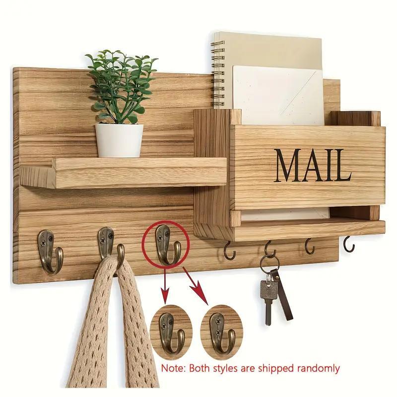 Simple Wooden Wall Mounted Keychain Mail Storage Rack Farmhouse Style