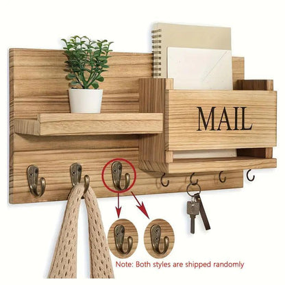 Simple Wooden Wall Mounted Keychain Mail Storage Rack Farmhouse Style