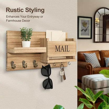 Simple Wooden Wall Mounted Keychain Mail Storage Rack Farmhouse Style