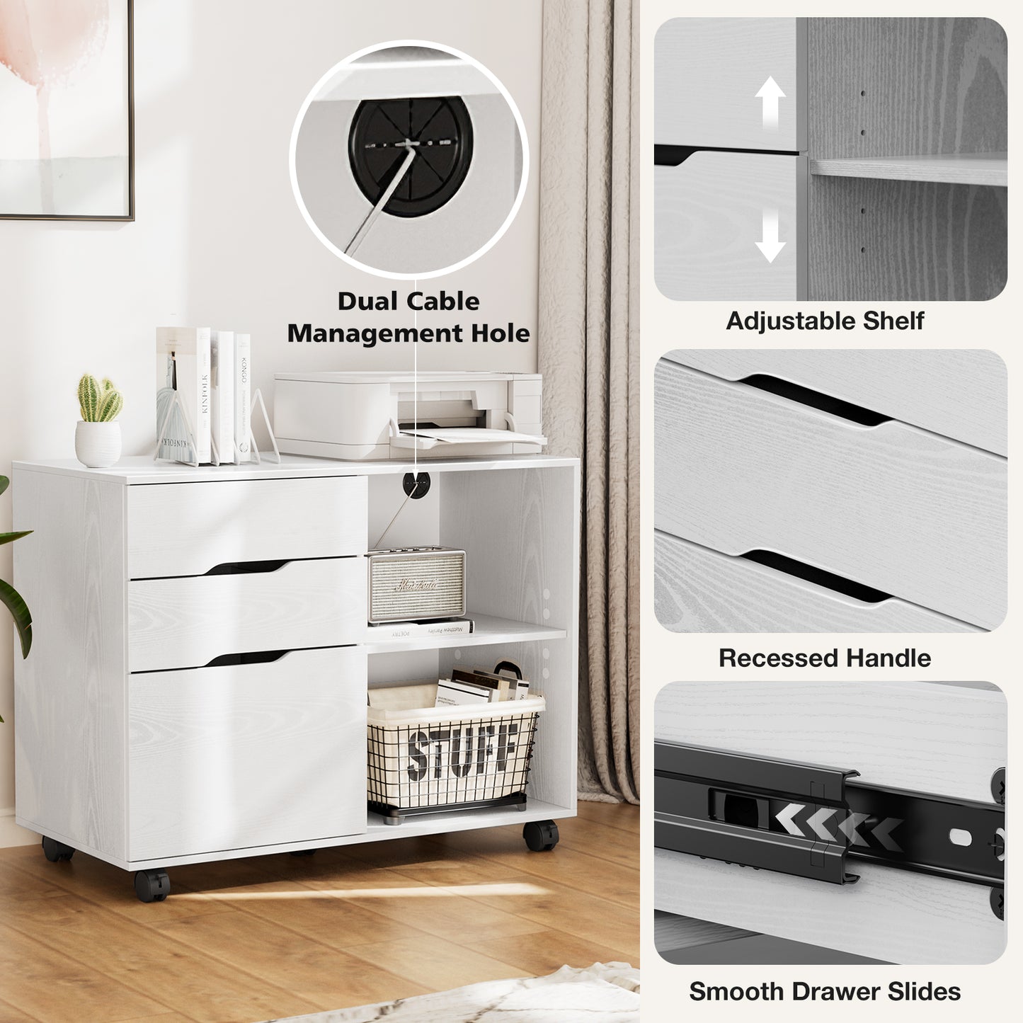 3 Drawer Mobile Rolling Lateral File Cabinet