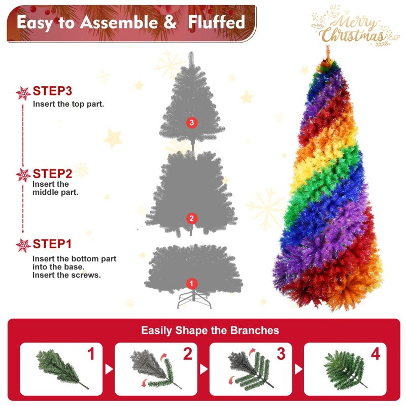 6FT 7.5FT Artificial Colorful Rainbow Christmas Tree, Hinged Xmas Tree With PVC Branch Tips - Patrian Supply Co.